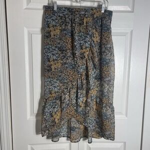 Tamara H Boho Skirt Women L Green Yellow Floral Ruffle Lined Whimsigoth Pull On